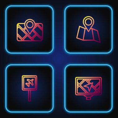 Set line Gps device with map, Airport,  and Folded location. Gradient color icons. Vector