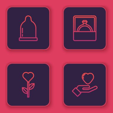 Set line Condom, Heart shape in flower, Diamond engagement ring and hand. Blue square button. Vector