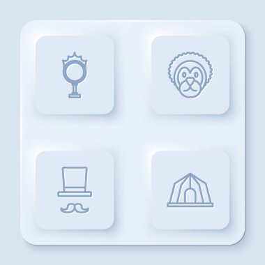 Set line Circus fire hoop, Wild lion, Magician and tent. White square button. Vector