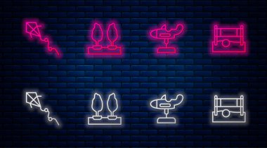 Set line Forest, Swing plane, Kite and Volleyball net with ball. Glowing neon icon on brick wall. Vector