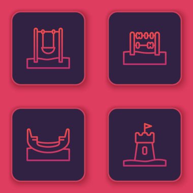 Set line Swing, Boat swing, Abacus and Sand tower. Blue square button. Vector