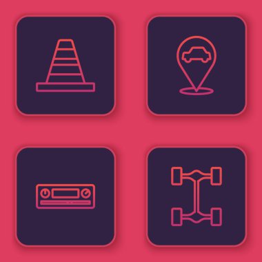 Set line Traffic cone, Car Audio, Location with car service and Chassis. Blue square button. Vector