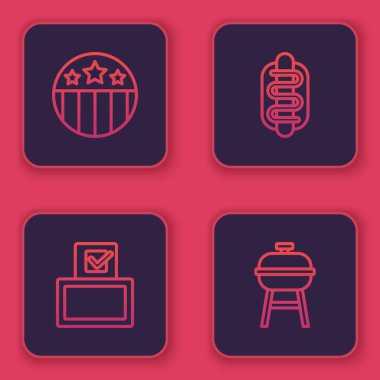 Set line Medal with star, Vote box, Hotdog sandwich and Barbecue grill. Blue square button. Vector