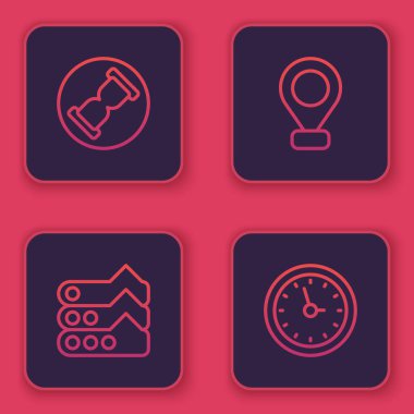 Set line Old hourglass with sand, Graph, chart, diagram, Location and Clock. Blue square button. Vector