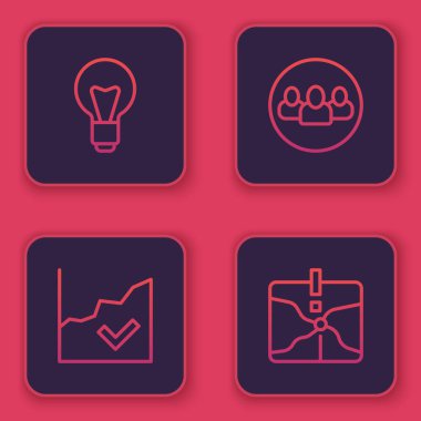 Set line Light bulb, Financial growth increase, Project team base and Intersection point. Blue square button. Vector