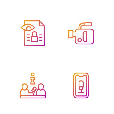 Set line Mobile recording, Interview, Journalistic investigation and Cinema camera. Gradient color icons. Vector
