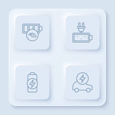 Set line Eco nature leaf battery, Battery charge,  and Electric car. White square button. Vector