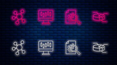 Set line Stocks market growth graphs, Document with chart, Project team base and Pie infographic. Glowing neon icon on brick wall. Vector
