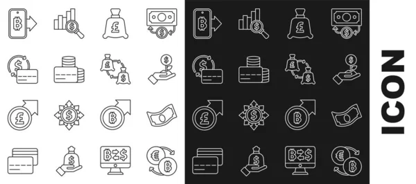 Set Line Cryptocurrency Exchange Stacks Paper Money Cash Dollar Plant — Stockvektor