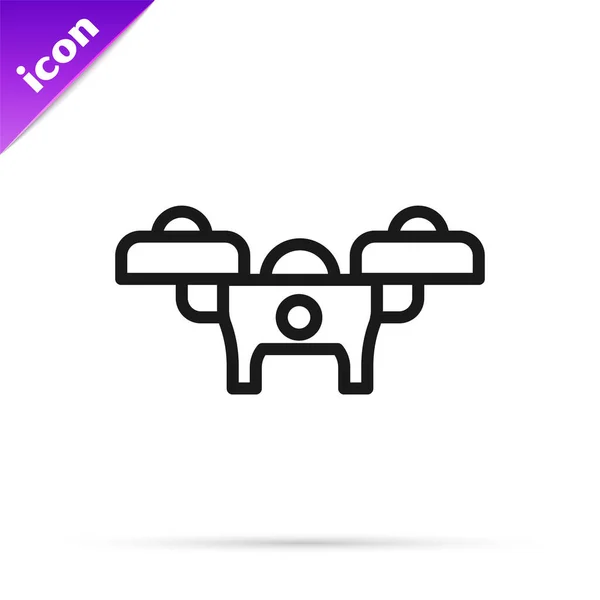 Black Line Drone Flying Icon Isolated White Background Quadrocopter Video — Stock Vector