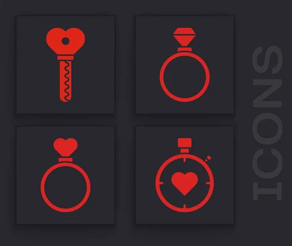 Set Heart Center Stopwatch Key Heart Shape Wedding Rings Wedding — Image vectorielle