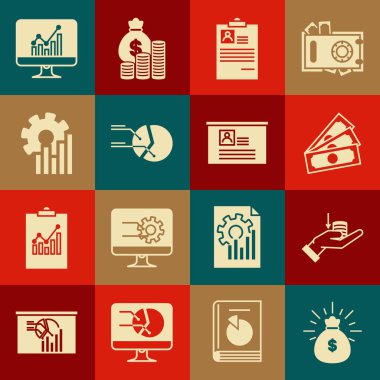 Set Money bag hand Stacks paper money cash Clipboard with resume Pie chart infographic Computer monitor and Board icon. Vector.