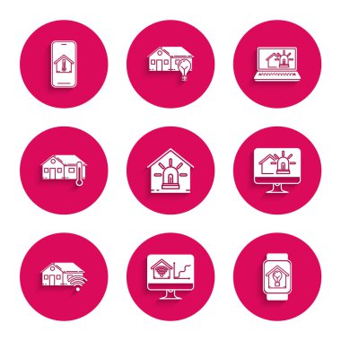 Set Smart house and alarm Computer monitor with smart home with wi-fi watch light bulb House temperature Laptop and Mobile phone icon. Vector.