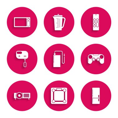 Set Power bank with different charge cable Bathroom scales Refrigerator Gamepad Electric mixer Remote control and Microwave oven icon. Vector.