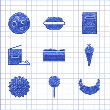 Set Brownie chocolate cake Frying pan Croissant Pastry bag for decorate cakes Cracker biscuit Flour pack Cookbook and Cookie with icon. Vector.