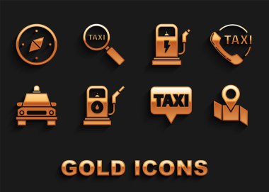 Set Petrol or Gas station Taxi call telephone service Folded map with location marker Map pointer taxi car Electric charging Compass and Magnifying glass and icon. Vector.