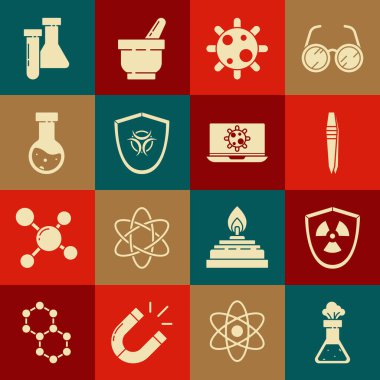 Set Test tube and flask chemical Radioactive in shield Tweezers Bacteria Biohazard symbol on and laptop icon. Vector.