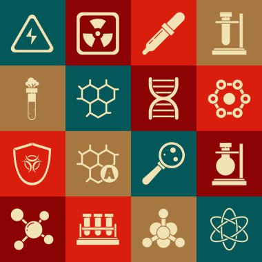 Set Atom Test tube flask on stand Chemical formula Pipette chemical High voltage sign and DNA symbol icon. Vector.