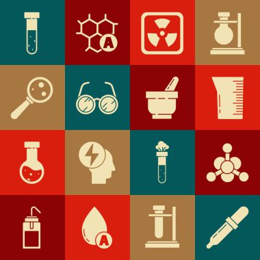 Set Pipette Bacteria Laboratory glassware or beaker Radioactive glasses Microorganisms under magnifier Test tube and flask chemical and Mortar pestle icon. Vector.