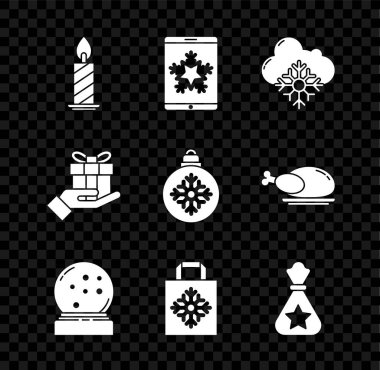 Set Burning candle in candlestick Christmas on smartphone snowflake Cloud with globe fallen paper shopping bag Santa Claus gift Gift box hand and ball icon. Vector.