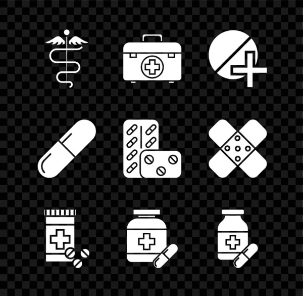 Set Caduceus Snake Medical Symbol First Aid Kit Medicine Pill — Vector de stock