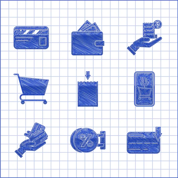 Set Paper Shopping Bag Credit Card Mobile Phone Cart Human — Stock Vector