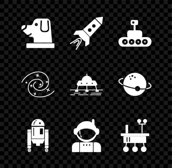 Set Dog Astronaut Helmet Rocket Ship Fire Mars Rover Robot — ストックベクタ