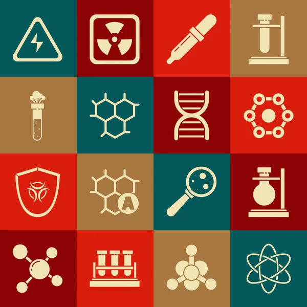 Set Atom Test tube flask on stand Chemical formula Pipette chemical High voltage sign and DNA symbol icon. Vector.