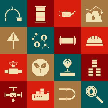 Set Oil drop Barrel oil Worker safety helmet Canister for motor Molecule Exclamation mark in triangle Industry pipe and valve and icon. Vector.