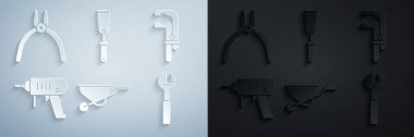 Set Wheelbarrow Clamp tool Electric drill machine Adjustable wrench Putty knife and Pliers icon. Vector.