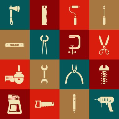 Set Electric drill machine Metallic screw Scissors Paint roller brush Pincers and pliers Construction bubble level Wooden axe and Clamp tool icon. Vector.