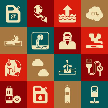 Set Trash can Electric saving plug in leaf Cigarette Rise water level Wastewater Wrecked oil tanker ship Bio fuel canister and Face protective mask icon. Vector.