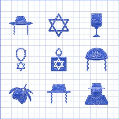 Set Burning candle Orthodox jewish hat Jewish kippah Olives branch Star of David necklace on chain goblet and icon. Vector.