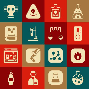 Set Test tube and flask Fire flame Medical thermometer Poison in bottle fire Chemistry book Gas mask and icon. Vector.