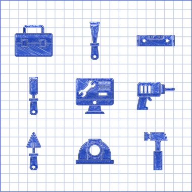 Set Computer monitor service Worker safety helmet Hammer Electric drill machine Trowel Rasp metal file Construction bubble level and Toolbox icon. Vector.