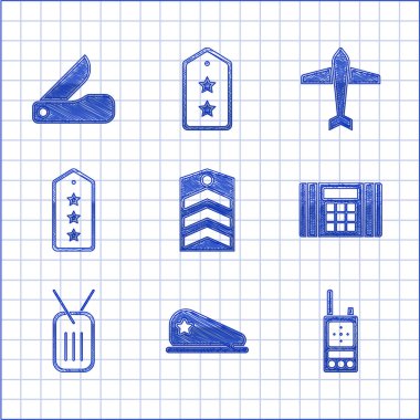 Set Chevron Military beret Walkie talkie Dynamite bomb dog tag rank Jet fighter and Swiss army knife icon. Vector.