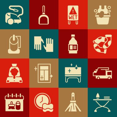 Set Iron and ironing board Garbage truck Socks Wet floor Rubber gloves Toilet paper roll Vacuum cleaner and Bottle for cleaning agent icon. Vector.