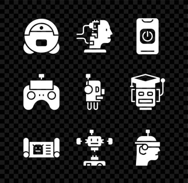 Set Robot vacuum cleaner for maintenance Turn off robot from phone blueprint Disassembled Smart glasses Remote control and icon. Vector.