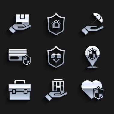 Set Life insurance with shield House hand Location Briefcase Credit card Umbrella and Delivery icon. Vector.