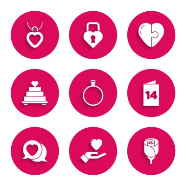 Set Diamond engagement ring Heart hand Flower rose Greeting card speech bubble Wedding cake with heart and Necklace shaped icon. Vector.