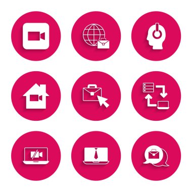 Set Online working Video chat conference camera Off laptop home Freelancer and Camera icon. Vector.