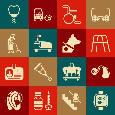 Set Smart watch Hearing aid Walker Wheelchair Hospital bed Grandmother Dental implant and Guide dog icon. Vector.