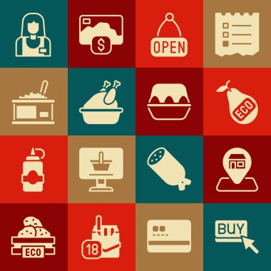 Set Buy button Location Market store Healthy organic pear Hanging sign with Open Roasted turkey chicken Tin can caviar Seller and Chicken egg box icon. Vector.