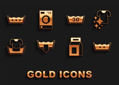 Set Washing modes Drying clothes Temperature wash Laundry detergent Basin with shirt and Washer icon. Vector.
