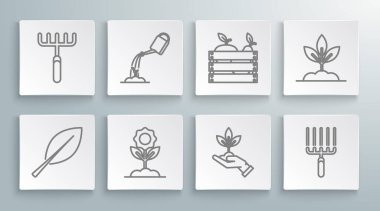Set line Leaf Watering can with water Flower Plant hand of environmental protection Garden rake work Wooden box for fruits vegetables and icon. Vector.