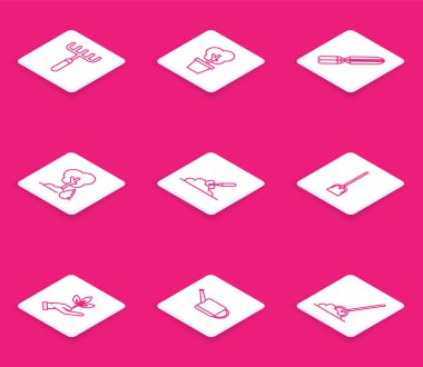 Set line Garden rake Tree in pot Gardening handmade scissors for trimming Watering trowel spade shovel the ground Shovel Plant of environmental protection and can icon. Vector.