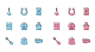 Set line Shovel Bag of flour Onion Cheese Farm House concept Can container for milk and Horseshoe icon. Vector.