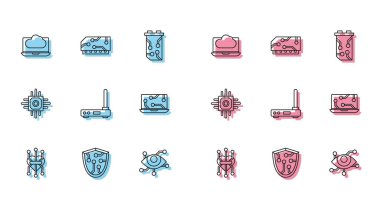 Set line Processor Cyber security Cloud technology data transfer and storage Virtual reality Router wi-fi signal Laptop and RAM random access memory icon. Vector.