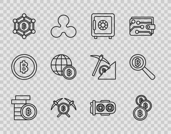Set Line Cryptocurrency Coin Bitcoin Safe Crossed Pickaxe Blockchain Technology —  Vetores de Stock