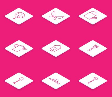 Set line Tree Gardening handmade scissors Watering can Retro wall watch rake Shovel and Worker hat icon. Vector.